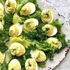 an egg salad on a white plate with parsley in the middle and hard boiled eggs