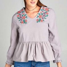 Lavender Floral Embroidered Blouse With Longsleeves, A Ruffled Hem Color: Lavender Material: 100% Cotton Fit: True To Size Spring Embroidered Long Sleeve Top With Ruffles, Spring Cotton Embroidered Sleeve Top, Feminine Long Sleeve Embroidered Tops, Feminine Purple Cotton Blouse, Lavender Ruffled Tops For Spring, Spring Lavender Ruffled Tops, Long Sleeve Cotton Blouse With Embroidered Hem, Long-sleeved Cotton Blouse With Embroidered Hem, Cotton Blouse With Embroidered Hem And Long Sleeves