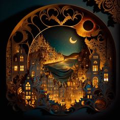 an intricately designed paper cut scene with the city at night