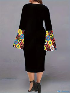 Orcajump - Plus Size Elegant Dress, Women's Plus Colorblock Geometric & Circle Print Bell Sleeve Round Neck Midi Dress Black Patchwork Midi Dress, Elegant Multicolor Patchwork Midi Dress, Multicolor Long Sleeve Dress With Splicing, Fitted Black Midi Dress With Splicing, Multicolor Patchwork Midi Dress, Black Fitted Midi Dress With Splicing, Black Patchwork Knee-length Midi Dress, Knee-length Multicolor Spliced Dress, Multicolor Knee-length Dress With Splicing