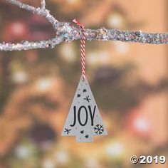 a christmas ornament hanging from a tree branch with the word joy written on it