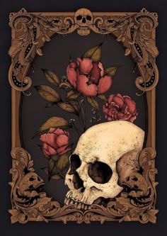 a painting of a skull and flowers in a frame with an ornate border around it