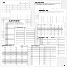 several sheets of paper with numbers and times for each item in the form of squares