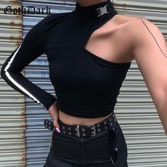 Dark Black Punk Holographic Gothic Skinny Crop Top Shirt Black Punks, Streetwear Tops, Crop Top Shirts, Collars For Women, One Shoulder Tops, Edgy Outfits, Black Outfit, Alternative Fashion, Dark Black