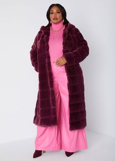 Long, flowing levels of decadence are served hot on the menu of this coat. Soft faux fur is crafted into a quilt-like look with a hood to mask the daring beauty wearing & keep the winter chill away. Fur Coat Plus Size, Pink Hooded Fur Coat For Winter, Hooded Faux Fur Outerwear In Solid Color, Fur Hooded Coat, Winter Purple Faux Fur Coat, Pink Fur Coat With Hood, Plus Size Coat, Coat Plus Size, Faux Fur Hooded Coat