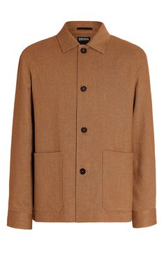 ZEGNA takes a clean-lined, minimalist approach to utility style on this chore jacket crafted of a wool-enriched silk-and-linen blend kissed with stretch. Front button closure Spread collar Long sleeves with button cuffs Front patch pockets Unlined 35% silk, 35% linen, 19% wool, 10% polyamide, 1% elastane Dry clean Made in Italy Men's Designer Clothing Utility Style, Silk Linen, Chore Jacket, Contemporary Outfits, Designer Clothes For Men, Free Fabric, Shirt Collar, Modern Man, Casual Jacket