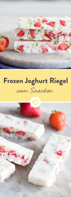 frozen joghurt ricel with strawberries on top and sliced up into squares