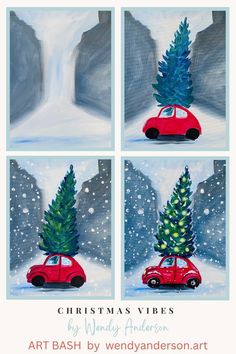 three paintings of red cars with christmas trees on their hoods, in the snow