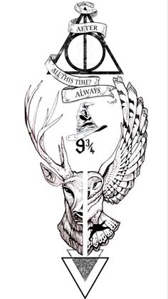 the harry potter crest with an owl, bird and triangle on it's side