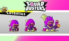 some cartoon characters in different poses on a pink and green background with the words squad busters