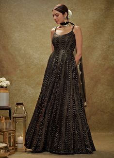 Black and Gold Sequin Embroidered Anarkali Gown Renee Label - Fabilicious Fashion Black Gown Indian, Modern Indian Outfits, Sangeet Saree, Sequin Anarkali, Threadwork Embroidery, Bridal Crop Top, Black Anarkali, Kurta Lehenga, Waistcoat Woman