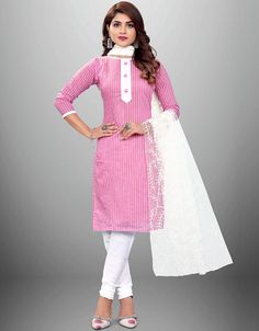 Trendy Traditional Party Wear Salwar Suit Pink Cotton Pant Straight Front View Unstitched Cotton Sets For Party, White Long Sleeve Churidar For Party, Pink Long Sleeve Churidar, Semi-stitched Cotton Party Sets, Fitted White Unstitched Suit For Party, White Fitted Churidar For Party, Fitted Cotton Long Sleeve Set, Fitted Cotton Unstitched Suit For Festive Occasions, Festive Cotton Unstitched Fitted Suit