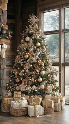 A Christmas tree decorated with golden and beige ornaments, surrounded by wrapped gifts in woven baskets on a wooden