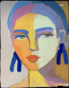 a painting of a woman's face with blue earrings