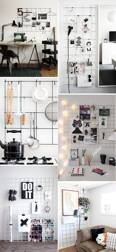 four different shots of the same room with various things on the wall and in the kitchen