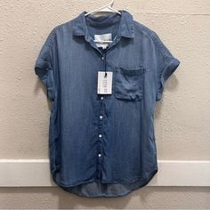 Brand New With Tags Size Small Lightweight Blue Denim Button Down Rolled Hem Sleeve 100% Tencel Ptp 21" Length 27"-30" River Blue, Button Down Short Sleeve, Blue River, Denim Button Down, Rolled Hem, Denim Blue, Short Sleeve Top, Short Sleeves Tops, Button Downs