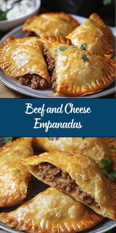 beef and cheese empanadas on a plate with text overlay that reads beef and cheese empanadas