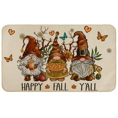 happy fall y'all door mat with gnomes and leaves on the front side