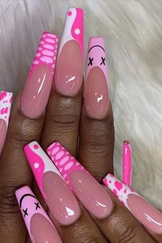 long pink nail designs Pink Arclyc Nail Designs, Rave Nails Acrylic Festival, Long Nails Inspiration Pink, Medium Square Acrylic Nails Designs Pink, Long Pink Nail Designs, Nail Designs For Birthday, Funky Pink Nails, Pink Coffin Nail Designs, Pink Nails Design Ideas