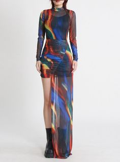 This multicolor mesh print dress is crafted from a sheer, lightweight fabric, featuring a vibrant and eye-catching print that's sure to capture attention. Its slim, modern silhouette provides both comfort and allure, making it an ideal choice for any special occasion. Sheer Mesh Bodycon Dress, Gown For Prom, Modern Womens Fashion, New Street Style, Mesh Bodycon Dress, Dress With Long Sleeves, Womens Turtleneck, Mini Dresses For Women, Asymmetrical Design