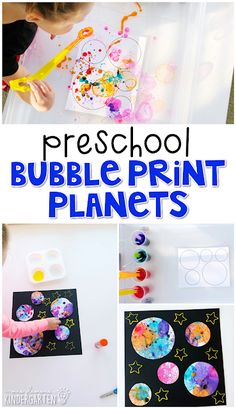 this is a collage of pictures with bubbles and paint on them for kids to make