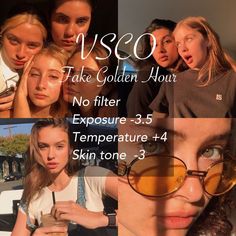 a collage of people with glasses and the words uso take golden hour no filter exposure 3 5 temperature 4 skin tone 3