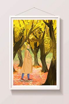 a painting of a person walking through a forest with trees in the fall colors and yellow leaves on the ground