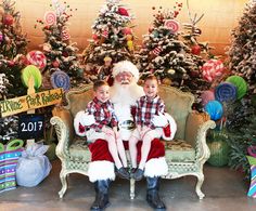 two children sitting on a bench in front of christmas trees and presents with santa clause