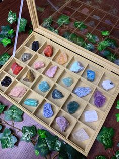 a wooden box filled with lots of different colored rocks next to green leaves and ivy