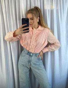 - Vintage pink salmon color blouse, ruffle shirt with puritan collar - Good vintage condition  - TAG SIZE: No information - Fabric information: No information Estimated to fit XS-S-M-L  based on your desired fit. Measurements (laying flat): - Shoulders (back): 43 cm - Length: 66 cm - Sleeve: 62 cm - Armpit to armpit: 60 cm Vintage clothes may come with minor flaws due to pre-loved wear. But most importantly it is a one-of-a-kind piece with its own character. By shopping secondhand you're giving Salmon Blouse Outfit, Pink Long Sleeve Blouse With Lace Collar, Pink Tops With Ruffles And Collar, Feminine Pink Blouse For Fall, Feminine Shirt With Ruffled Collar For Fall, Feminine Fall Shirt With Ruffled Collar, Feminine Ruffled Collar Shirt For Fall, Spring Pink Top With Lace Collar, Pink Lace Collar Top For Spring