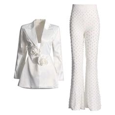 Upgrade your party look with our Moira set. This two-piece set includes a 3D flower decor backless satin blazer and faux pearl embroidered mesh pants. Perfect for any special event, this set will elevate your style with its unique design. Feel confident and stylish in our Moira set. Fabric: Non-Stretch Material: Polyester Fiber Chic Satin Sets For Evening, Chic Spring Party Sets, Chic Party Sets For Spring, Embellished Sets For Night Out In Spring, Chic Spring Sets For Night Out, Satin Evening Sets For Spring, Spring Evening Satin Sets, White Glamorous Evening Sets, Long Sleeve Party Sets For Spring