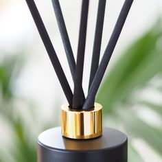 a black and gold vase with sticks sticking out of it