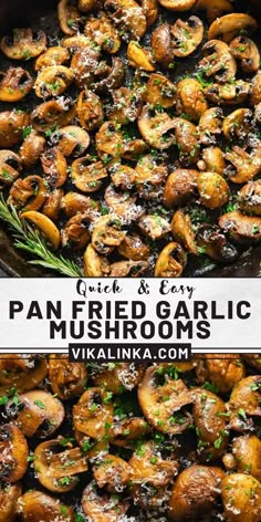 pan fried garlic mushrooms with parsley in a skillet