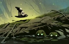 an animated image of a wizard hat flying over a swampy area with green eyes