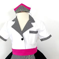 This is a 1950's spooky waitress costume, This costume was created with a spiderweb theme and with pink accents but it could be customized to look like the uniforms at your favorite diner. This costume includes, The shirtdress with full circle skirt, apron, headband, and glasses. This dress would be perfect for a 1950's theme party or costume. Can be made in custom colors and sizing. Please include the name you would like embroided on the shirt in your notes to seller. The petticoay shown is not Goth Waitress, Fitted White School Costume, White Fitted School Costume, Vintage Fitted Costume Accessories For Cosplay, Fitted Vintage Costume Accessories For Cosplay, Fitted Cotton Halloween Costume, Fitted Short Sleeve Costume For Costume Party, Retro Halloween Costume For Costume Party, Vintage Fitted Costume For Themed Events