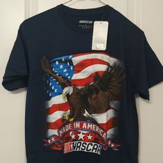 Nascar Patriotic T-Shirt, American Flag, Eagle, Racing, Navy Blue Blue Short Sleeve T-shirt With American Flag Print, Blue Graphic Tee With American Flag Print, Blue American Flag Print Graphic Tee, Blue American Flag Print Short Sleeve Top, Blue Short Sleeve Top With American Flag Print, Blue Short Sleeve Shirt With American Flag Print, Nascar Shirts, American Flag Eagle, Blue T Shirt