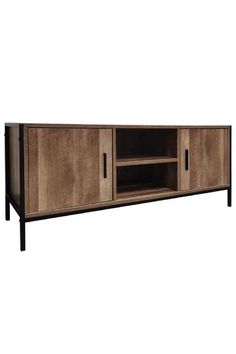 the sideboard is made from wood and has two doors on each side, one door open