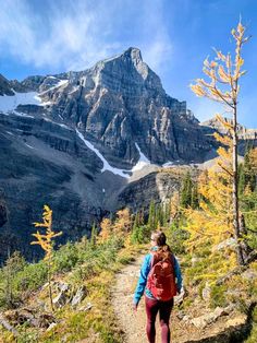 two people walking up a trail towards a mountain with snow on the mountains behind them