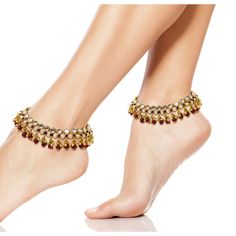 Ethnic Indian Pakistani bridal payal anklet pair studded with kundan glass stones. Limited availability. Metal: Alloy Plating: 5K (1gm) Gold Material: Glass Length: 8.5 Inch Extension Chain: 1 Inch Width: 1 Inch Clasp: 0.5 Inch S Hook Style Tip: Accentuates your ankles. Everyday to bridal wear. Pair it with sandals and toe rings based on your style and occasion. Style Personality: Antique Chic: You surround yourself with antique things that transport you in that era. You love the charm of the an Gold Tilla Anklets For Wedding, Traditional Gold Anklets With Adjustable Fit, Bollywood Style Gold Anklets With Latkans, Golden Anklets Indian, Bridal Payal, Festive Gold Bollywood Anklets, Bell Anklet, Antique Things, Wedding Anklets