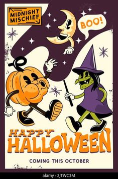 an old fashioned halloween poster with two witches and a pumpkin on it's side