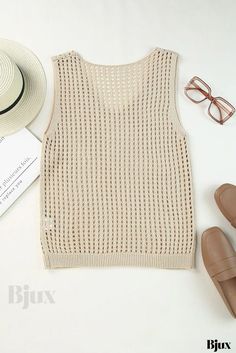 Bjux - Camiseta de tirantes de punto con escote en V y diseño de red ahuecada Knitted Sleeveless Top, Crochet Design, Feminine Look, Knitted Tank Top, Knit Tanks, Color Khaki, Global Fashion, Crochet Designs, Chinese Style