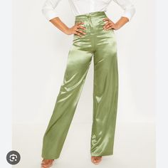 Prettylittlething Tall Olive Satin Wide Leg Trouser Size Usa 6 - Uk - Brand New With Tags But A Few Snags On Pants (See Pictures) Satin Trousers Outfit, Silk Pants Outfit, Satin Pants Outfit, Green Satin Fabric, Satin Wide Leg Pants, Wide Leg Pants High Waisted, Satin Outfit, Silky Pants, High Waisted Wide Leg Pants