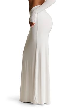 Ring hardware highlights the asymmetric waist of this ultrastretchy, curve-skimming maxi skirt. 46" length (size Medium) Pull-on style 95% polyester, 5% spandex Lined Hand wash, dry flat Imported White Long Ruched Skirt, Elegant White Stretch Maxi Skirt, White Stretch Gathered Maxi Skirt, White Stretch Maxi Skirt With Gathered Detail, Luxury White Asymmetrical Maxi Skirt, Nordstrom Store, Free Fabric, Fabric Gifts, Maxi Skirt