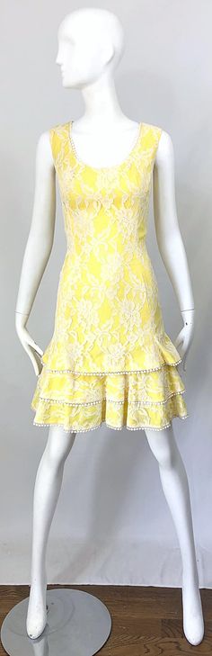 Yellow Fitted Dress With Lace Trim, Yellow Lace Dress With Ruffles, Yellow Lace Ruffled Dress, Yellow Fitted Lace Dress, Fitted Yellow Lace Dress, Elegant Fitted Yellow Lace Dress, Silk Lace Dress, Vintage 60s Dress, Vintage Dress 60s