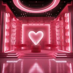 a room with pink lighting and a heart shaped light in the center on the wall