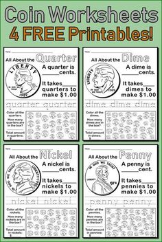 coin worksheets for 4 free printables, including four quarters and one dime