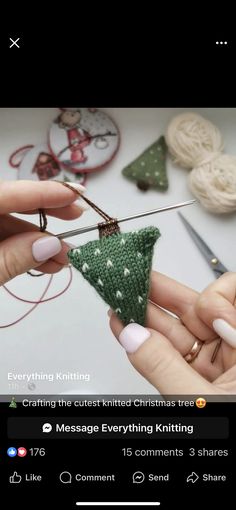 someone is knitting a small christmas tree ornament