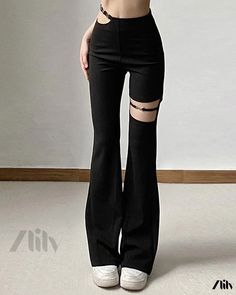 Zlily - Solid Color Sexy Hollow Out Slim Fit Casual Pants Edgy Non-stretch Full Length Pants, Edgy Full-length Bottoms For Spring, Edgy Full Length Pants For Spring, Edgy High Waist Wide Leg Pants For Night Out, Edgy Stretch Full Length Bottoms, Edgy High Waist Wide Leg Pants For Spring, Edgy Full-length Stretch Bottoms, Edgy Wide Leg Bottoms For Going Out, Edgy Fitted Trousers