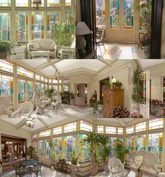 there are pictures of the inside of a house with many windows and furniture in it