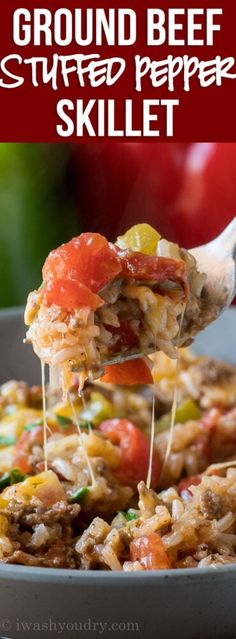 a spoon full of ground beef stuffed pepper skillet